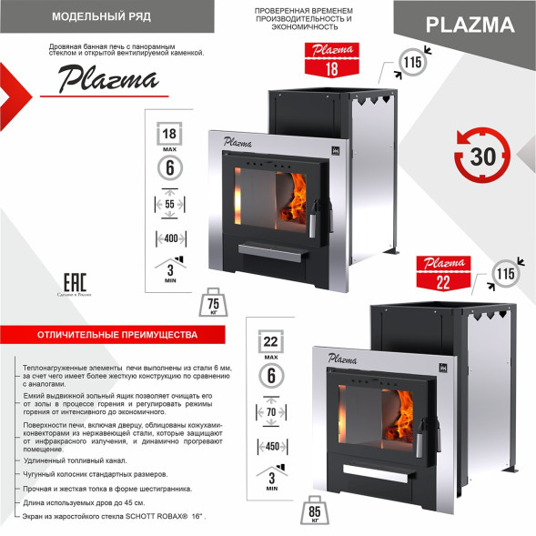 Печь-каменка PLAZMA 18 (Плазма) с панорамным стеклом